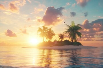 Tropical island paradise with vibrant sunset and tranquil waters for relaxation, Animated background of tropical island and beach in summer at sunset ing time-lapse Photo