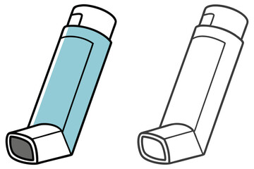 The isolated illustration shows a blue asthma inhaler alongside a black and white outline