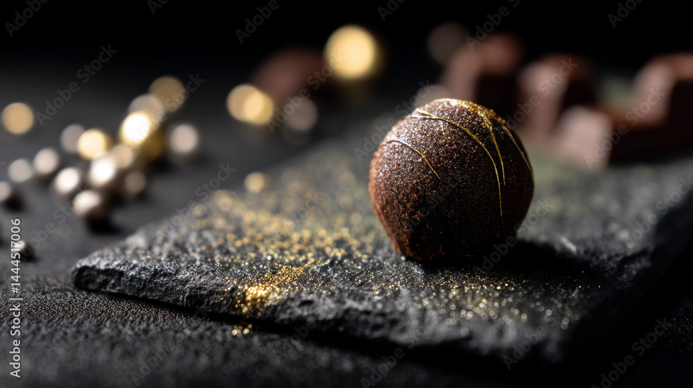 Poster Chocolate truffle on a dark slate surface with decorative elements creating an elegant display
