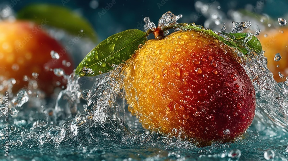 Aufkleber Vibrant mango fruit being splashed with water creating a refreshing image.