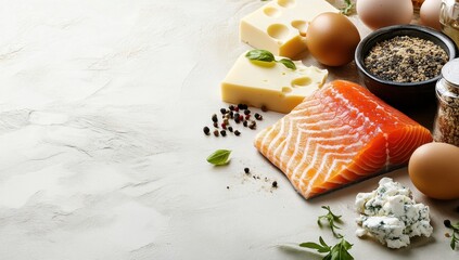 Fresh salmon fillet with cheese, eggs, and spices arranged on a kitchen countertop ready for meal preparation