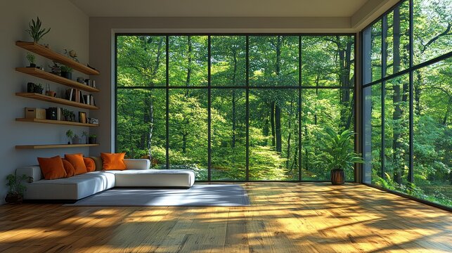 Fototapeta Modern living room with forest view