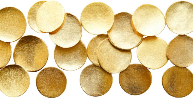 Golden discs surface on black, cut out transparent