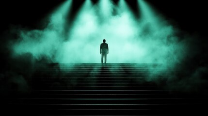Fototapeta premium A silhouetted figure stands alone on a staircase in the dark