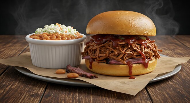 Pulled Pork Sandwich with Beans and Brisket Slice