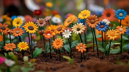 Colorful Plastic Flowers in Miniature Garden