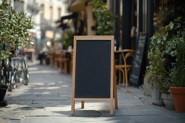 Empty blackboard sign on a sidewalk in front of a restaurant in a bustling outdoor dining area, Empty blackboard sign mockup in front of a restaurant,Menu board with a street cafe or restaurant