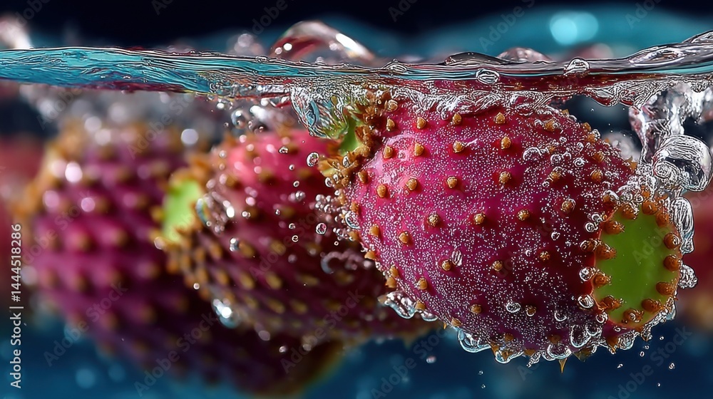 Poster vibrant prickly pear fruits submerged in clear water with bubbles and splashes