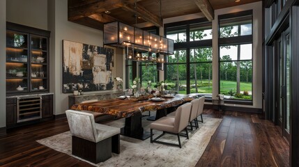 A luxuriously designed dining room features natural light and wooden elements