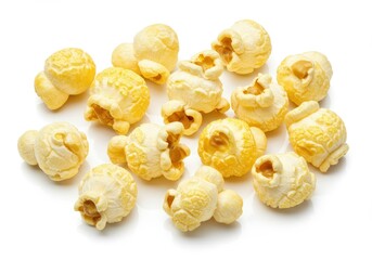 A scattered pile of buttered popcorn kernels on a white background in a close up studio shot view