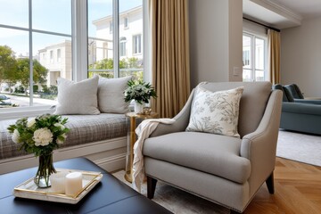 Fototapeta premium A beautifully designed living room featuring a cozy window seat with floral decor. This inviting space combines comfort and elegance for a modern home atmosphere.