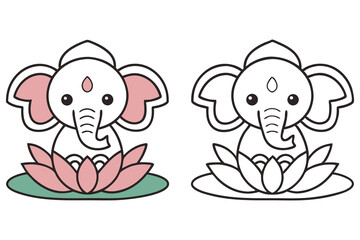 Cute stylized elephant sitting on a pink lotus flower, one is a line art version