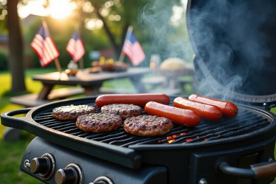arbecue grill with burgers and hot dogs near flags outdoors