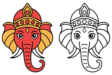 Cartoon Ganesh face is presented in both full color and a simple black outline