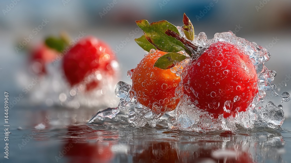 Poster vibrant red berries in icy water with leaves creating a refreshing splash effect.