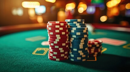 Fototapeta premium Stacked Poker Chips on Green Felt Table in Casino