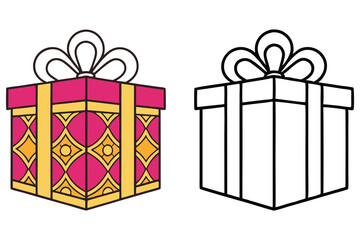 A pink and yellow gift box with a bow stands beside its outline version