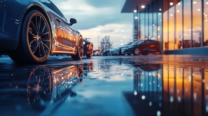 Reflections of luxury cars in a dealership at sunset after rain