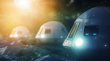 Obraz premium Impressive space station bathed in a bright light against the cosmic background representing advanced ai-controlled space habitats