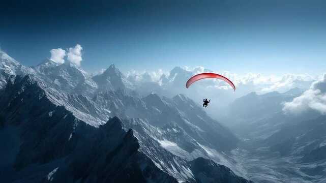 Silhouette of a paraglider soars above a range of snow-capped mountains under clear blue skies, with clouds filling the valleys below.