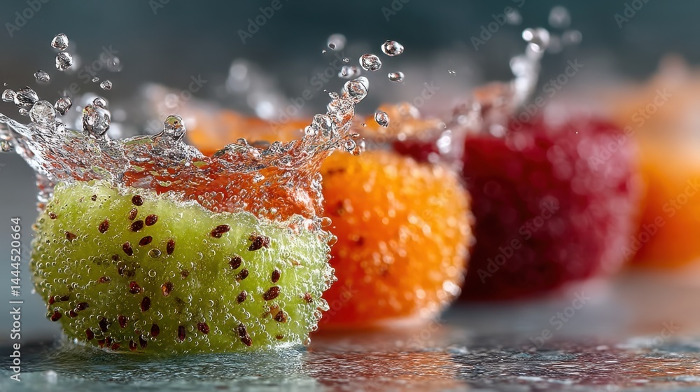 Poster vibrant splash of water on colorful fruit creating a refreshing summer scene