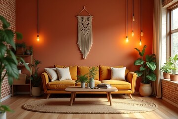 Bohemian Living Room Interior with Orange Walls, Yellow Sofa, Plants, Macrame Wall Hanging, and Exposed Edison Bulbs                                  