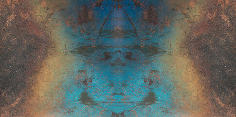 Abstract background with transition from blue to orange, yellow. Aged copper surface. Metal wall for interior design, wallpaper or art projects.