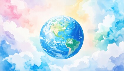 Watercolor Earth Globe Surrounded by Pastel Clouds A Peaceful Planet Illustration