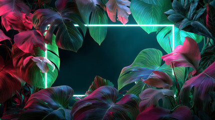 Vibrant Tropical Leaves with Neon Frame for Modern Design