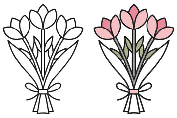 Two tulip flower bouquets showcase a simple outline and a colored version on transparent background