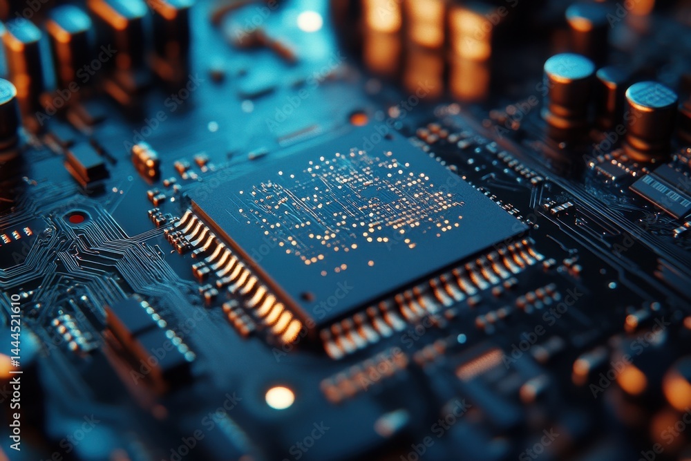 Poster closeup view of a cpu chip showcasing intricate circuitry and connections on a computer motherboard,