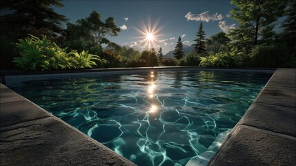 Serene outdoor pool reflecting a vibrant sunset.
