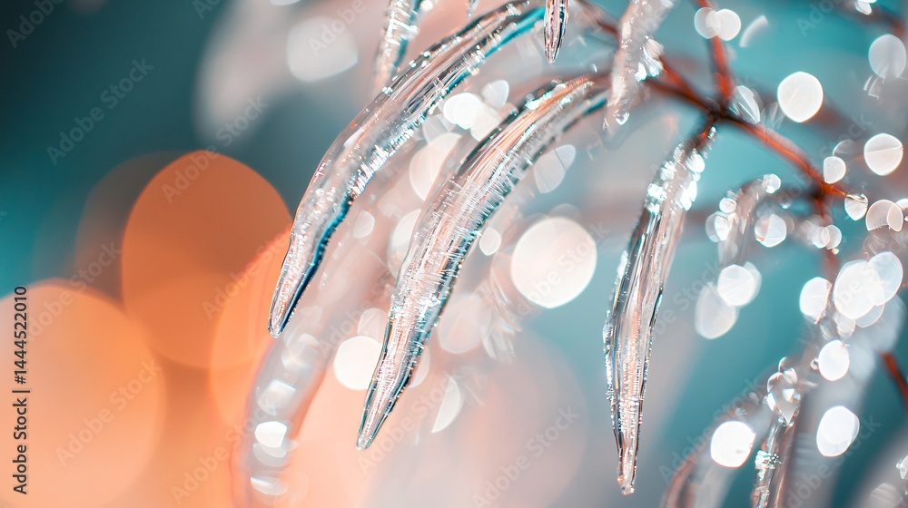 Poster sparkling ice crystals on a branch with harsh lighting creating a stunning natural display in a wint