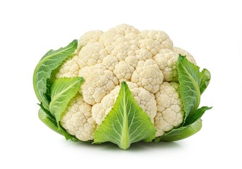 A single head of cauliflower with green leaves isolated on a white background in a studio shot