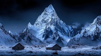 Majestic snow covered mountains and remote stone cabins are featured