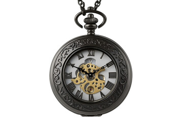 Pocket Watch with Exposed Gears Hanging on Chain Isolated