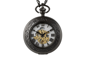 Pocket Watch with Exposed Gears Hanging on Chain Isolated