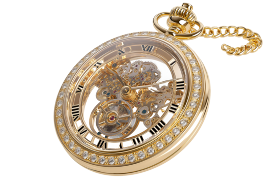 Intricate Gold Pocket Watch with Diamonds and Visible Mechanism Detail