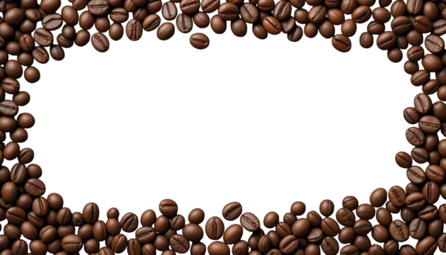 Coffee Bean Frame: A detailed, overhead shot reveals an artful arrangement of roasted coffee beans forming an elegant frame, ready to elegantly showcase text or imagery.