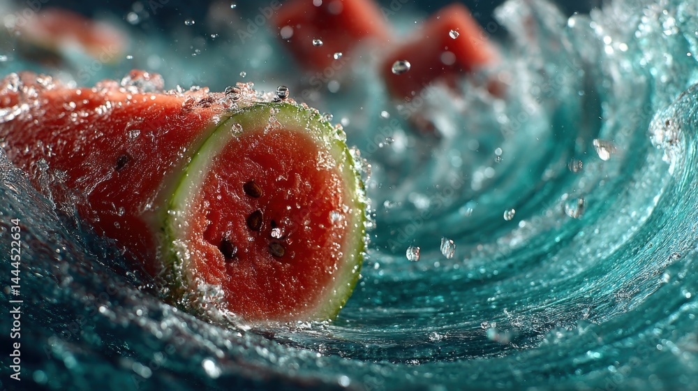 Poster watermelon slice splashing in turquoise water with droplets and summer freshness.