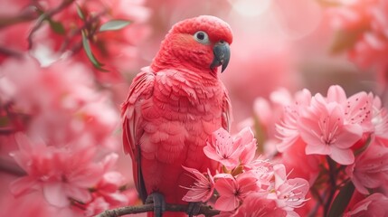 Portrait of a Pink Parrot surrounded by Pink Flowers in a Dreamy Setting