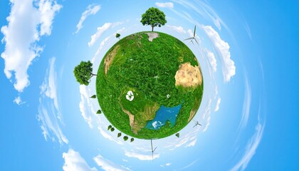 Green Planet Earth with Wind Turbines and Lush Trees a Sustainable Future Concept Image
