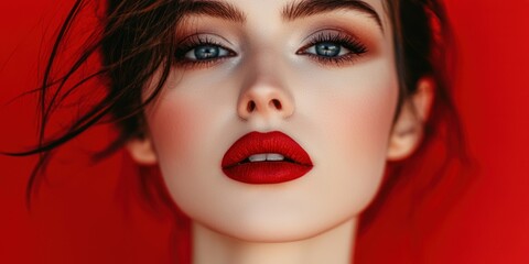 Fototapeta premium Bold monochrome makeup with a single color for eyes, lips, and cheeks