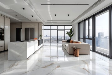 light luxury interior design of a modern apartment in a minimalist style with marble trim and huge windows. daylight inside the kitchen and living room