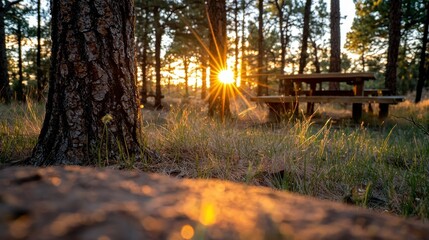 Fototapeta premium Beautiful Sunlight Shining Through Forest Trees During Golden Hour