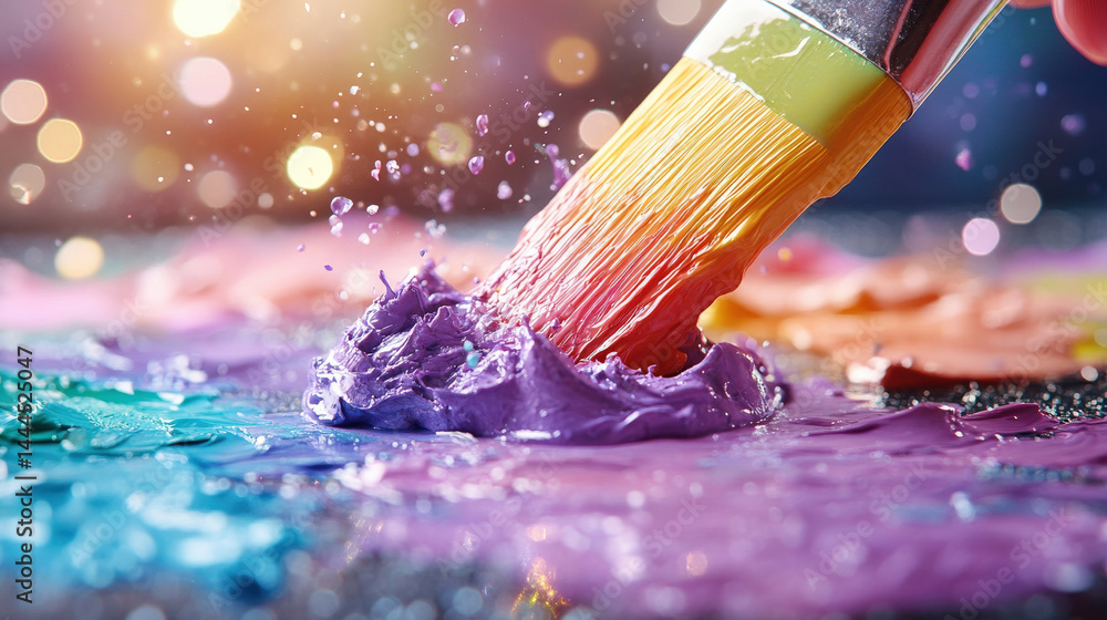 Leinwandbilder vibrant image of paintbrush blending colorful pastel paints on palette, creating lively and artistic