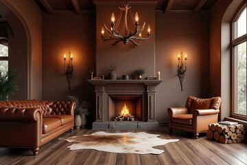 Fototapeta premium Warm Fireplace Glow: Luxurious Brown Interior with Classic Design Elements and Cozy Ambiance, Perfect for Relaxation and Sophistication 