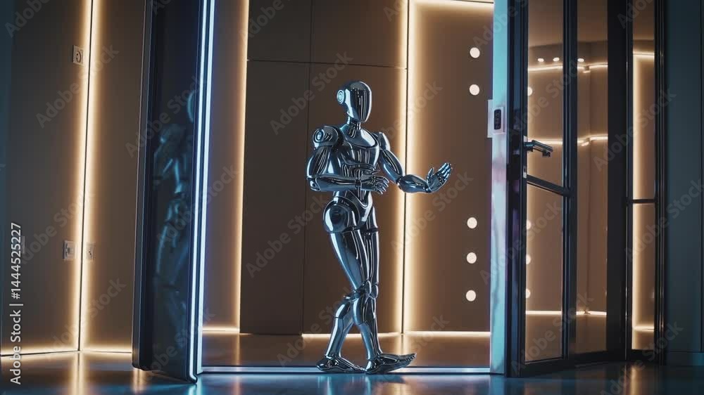 Poster chrome humanoid robot entering a modern smart home, surrounded by warm ambient lighting and high-tec