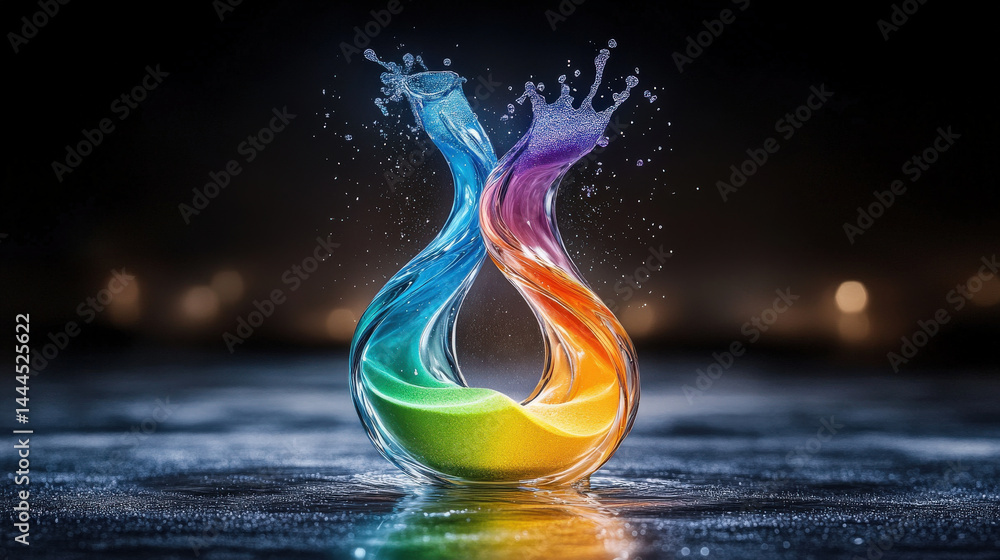 Poster Striking sand clock with colorful gradient sand flowing dynamically, creating vibrant and mesmerizing visual effect. vivid colors and fluid motion evoke sense of wonder and creativity