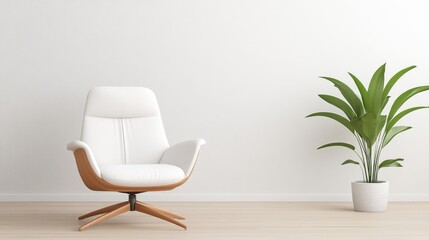Modern minimalist living room with armchair and plant